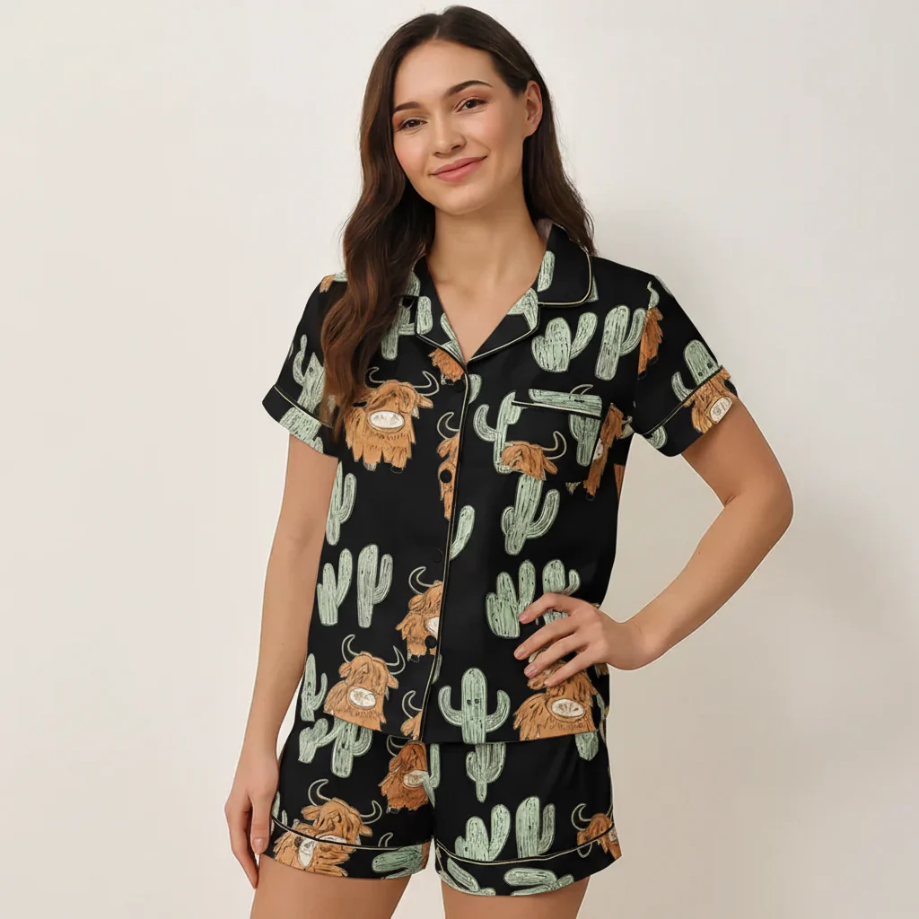 Ceylan Highland Cow Cactus Women's Pajama Set - Image 4