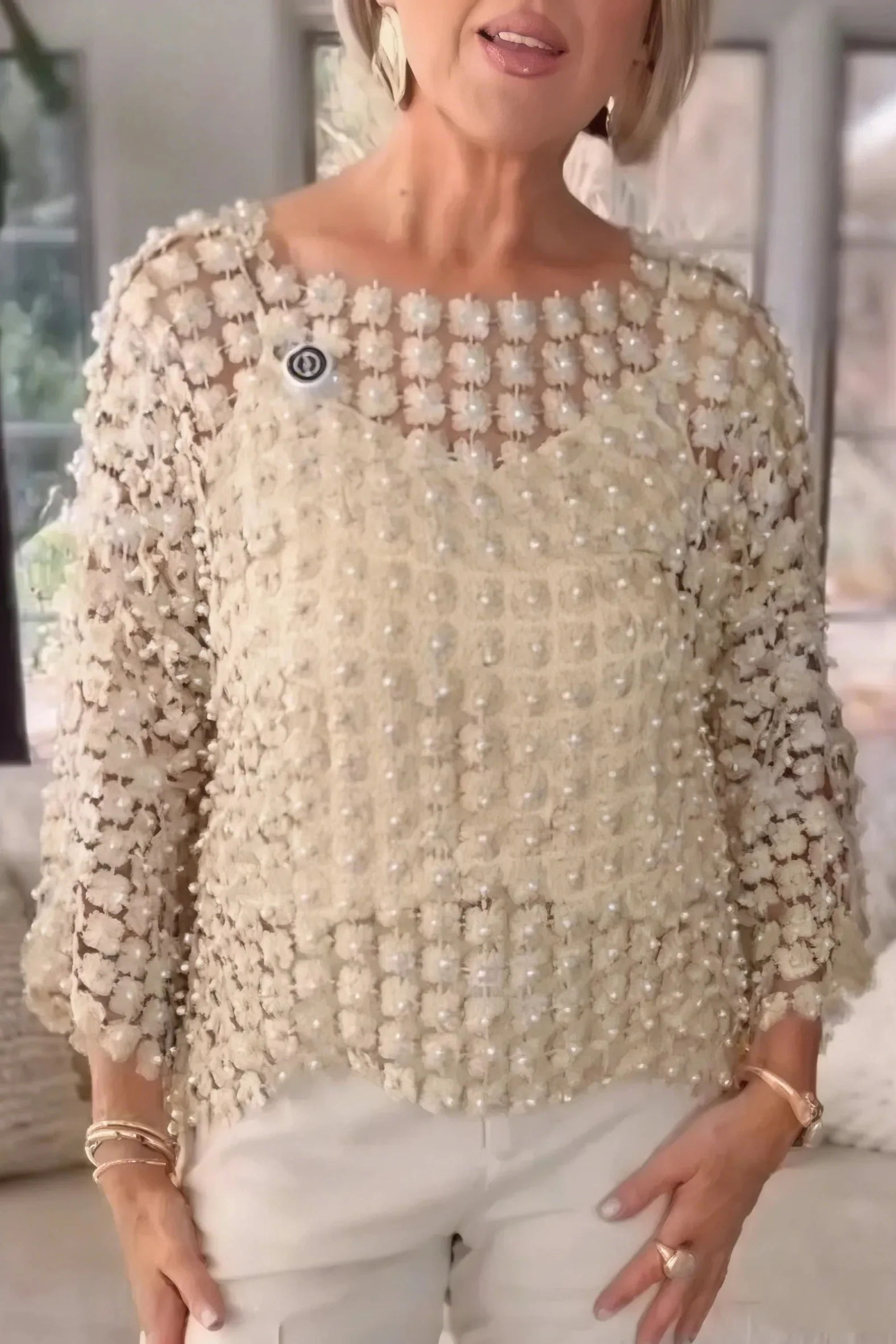 Ceylan Women¡¯s Chiffon Blouse with Faux Pearl Beaded Detail - Image 3