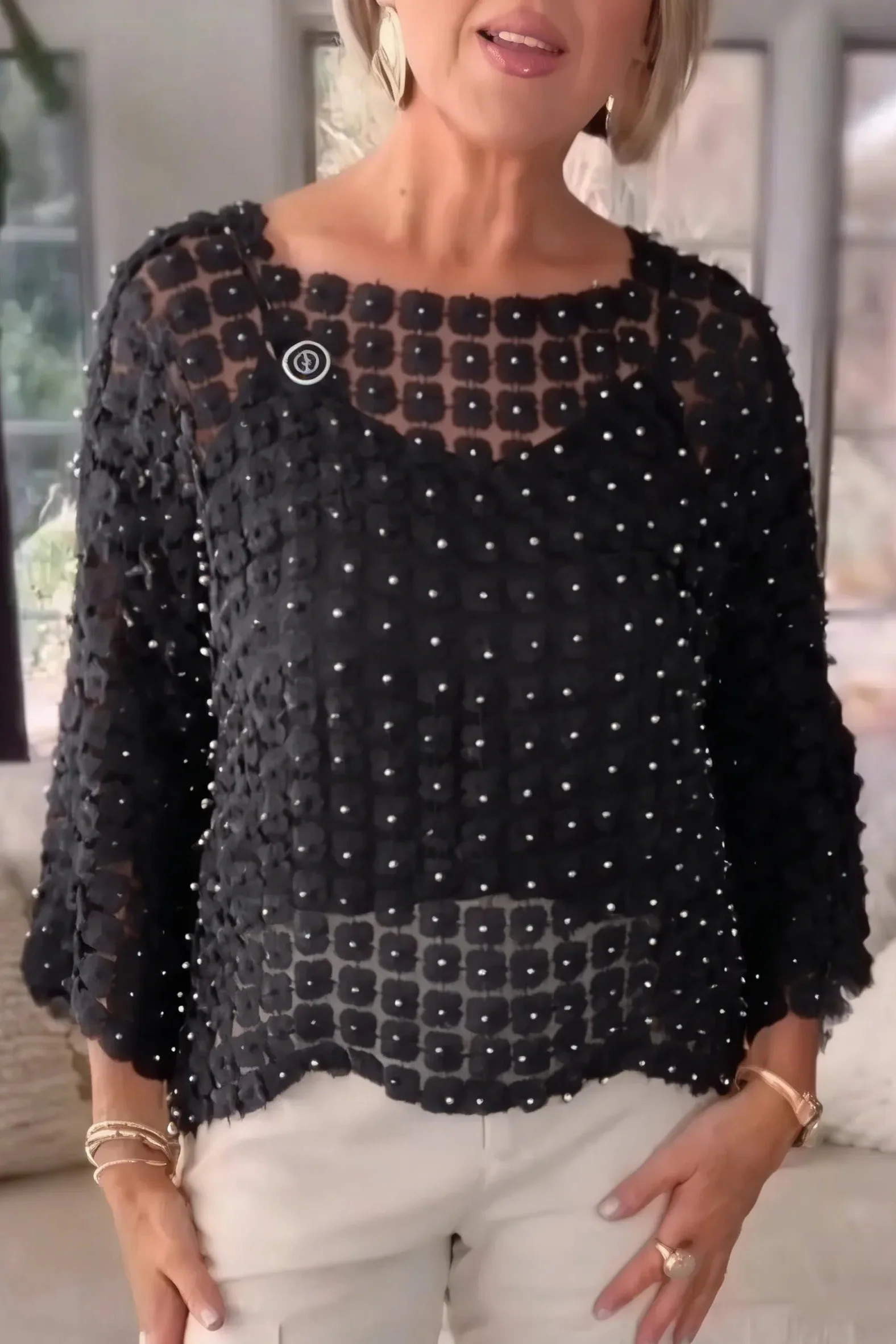 Ceylan Women¡¯s Chiffon Blouse with Faux Pearl Beaded Detail - Image 4