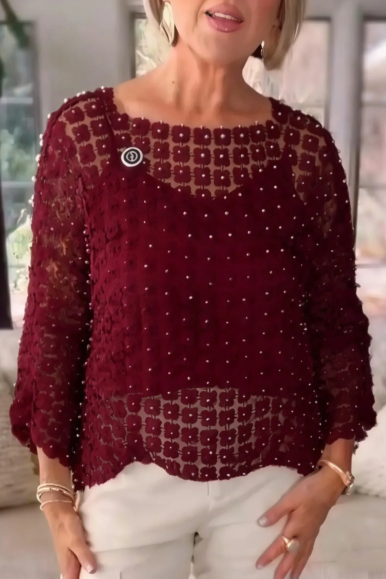 Ceylan Women¡¯s Chiffon Blouse with Faux Pearl Beaded Detail - Image 5