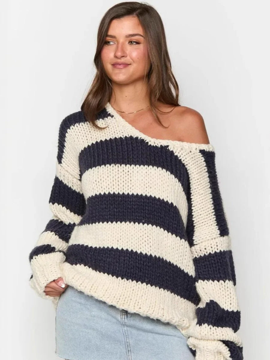 Ceylan Women¡¯s Chunky Knit Sweater Off Shoulder Striped Pullover - Image 4