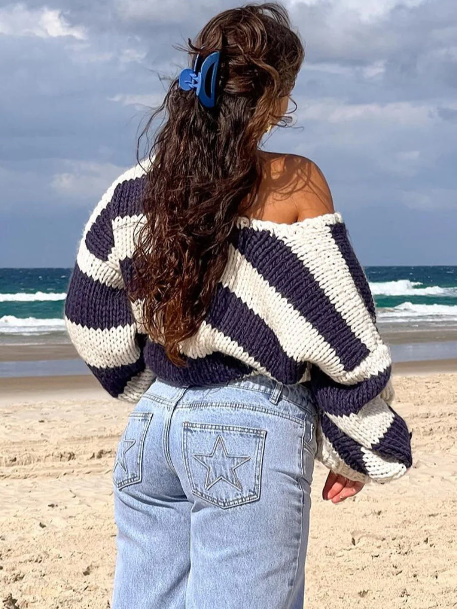 Ceylan Women¡¯s Chunky Knit Sweater Off Shoulder Striped Pullover - Image 5