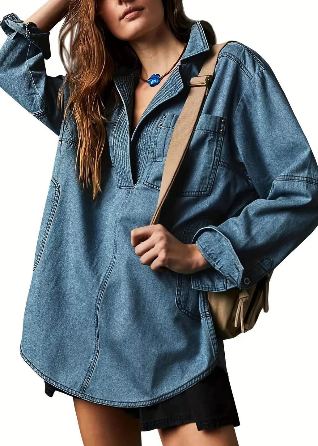 Ceylan Women¡¯s Denim Pullover Blouse Pleated V-Neck Tunic - Image 2
