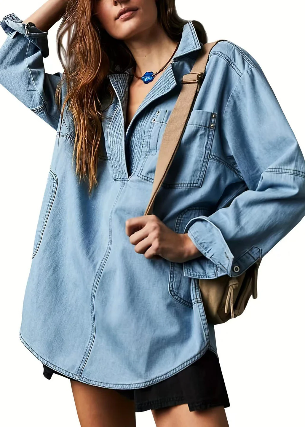 Ceylan Women¡¯s Denim Pullover Blouse Pleated V-Neck Tunic - Image 3