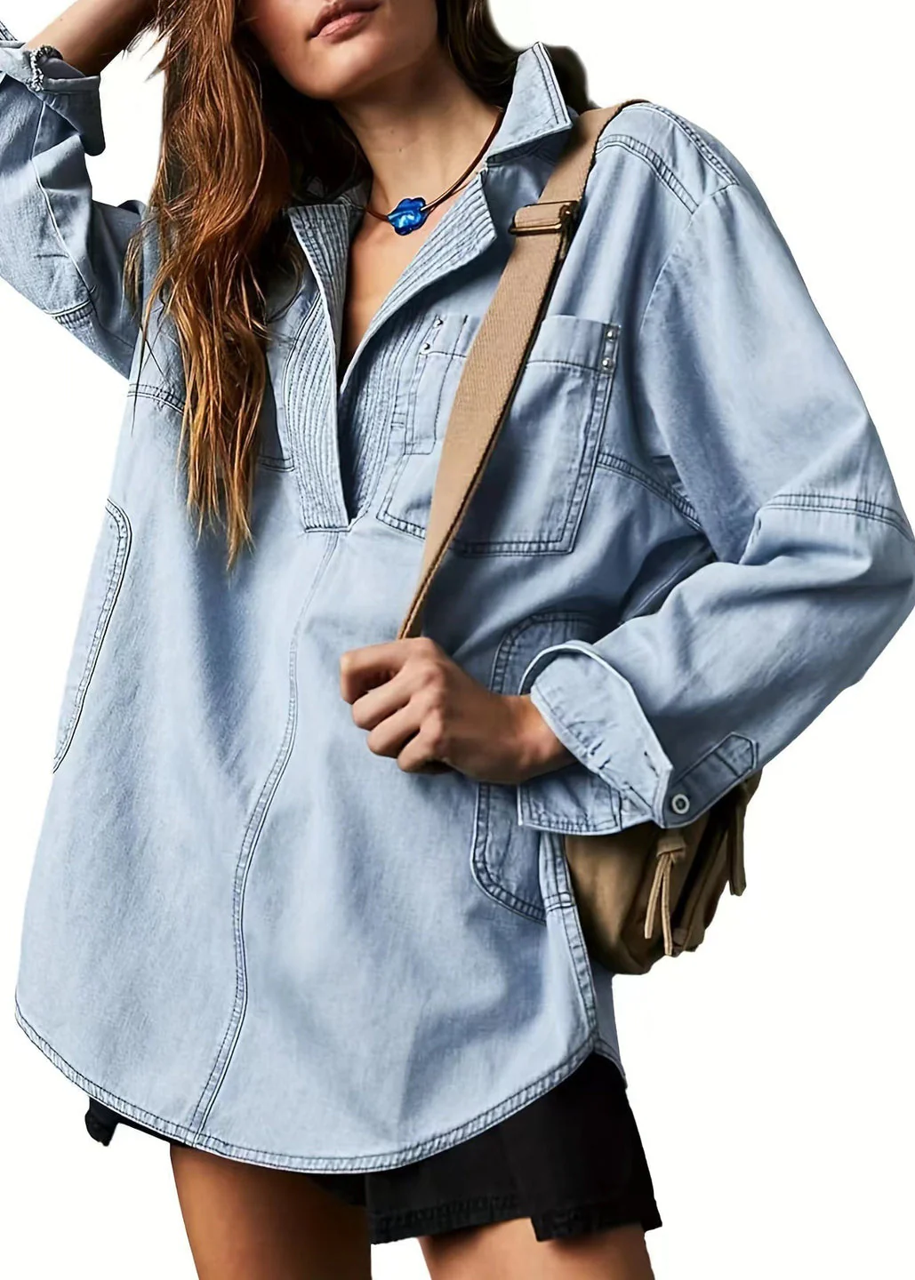 Ceylan Women¡¯s Denim Pullover Blouse Pleated V-Neck Tunic - Image 4