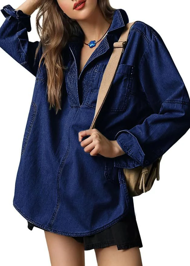 Ceylan Women¡¯s Denim Pullover Blouse Pleated V-Neck Tunic - Image 5