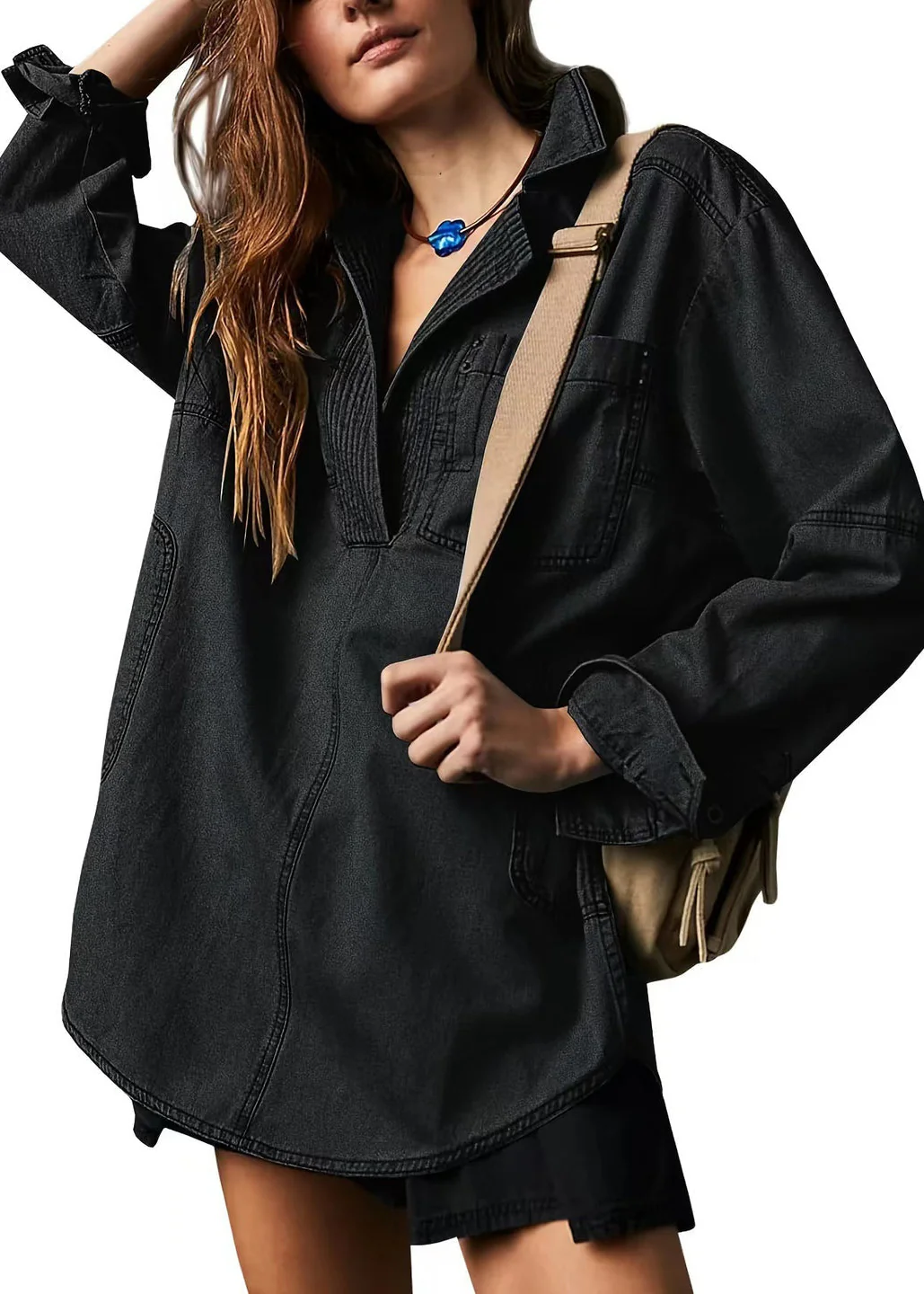Ceylan Women¡¯s Denim Pullover Blouse Pleated V-Neck Tunic - Image 6
