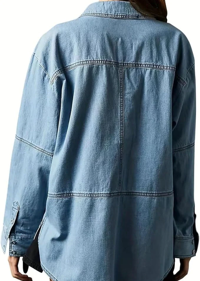 Ceylan Women¡¯s Denim Pullover Blouse Pleated V-Neck Tunic - Image 7
