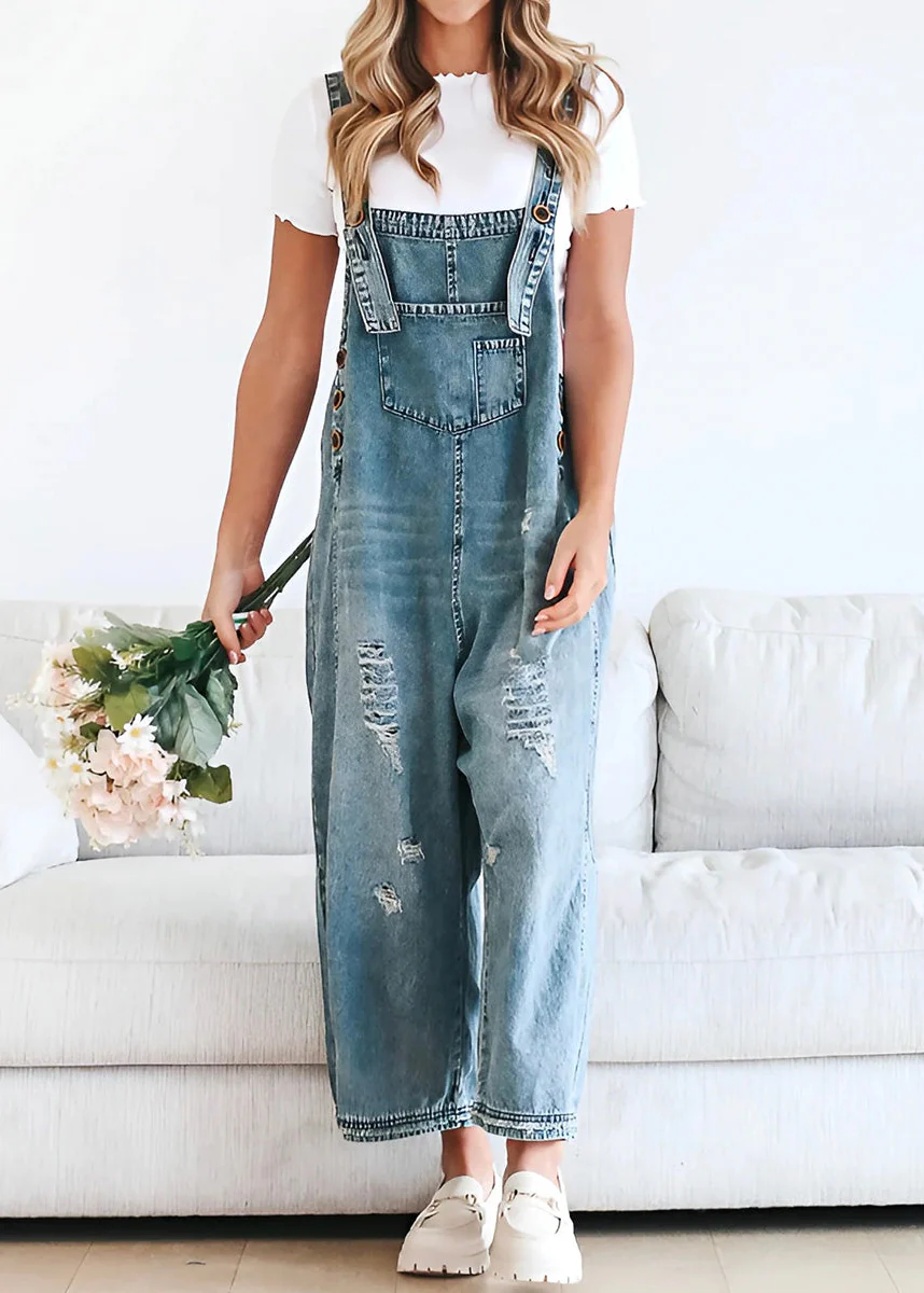 Ceylan Women¡¯s Distressed Denim Overalls with Loose Fit Wide Leg - Image 2