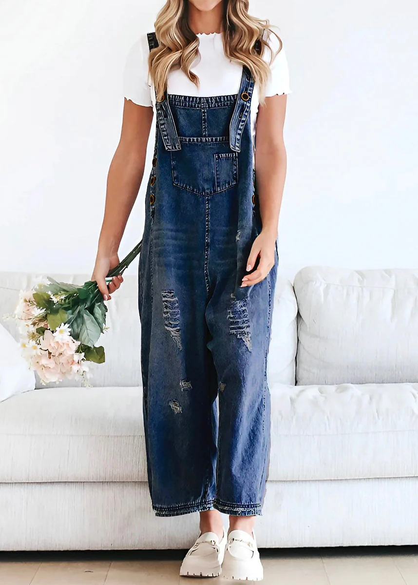 Ceylan Women¡¯s Distressed Denim Overalls with Loose Fit Wide Leg - Image 3
