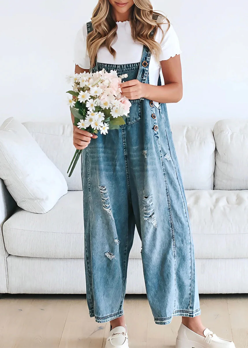 Ceylan Women¡¯s Distressed Denim Overalls with Loose Fit Wide Leg - Image 5