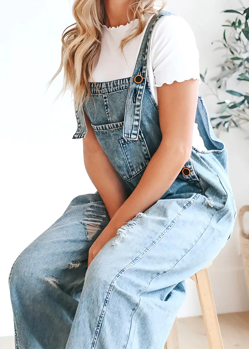 Ceylan Women¡¯s Distressed Denim Overalls with Loose Fit Wide Leg - Image 6