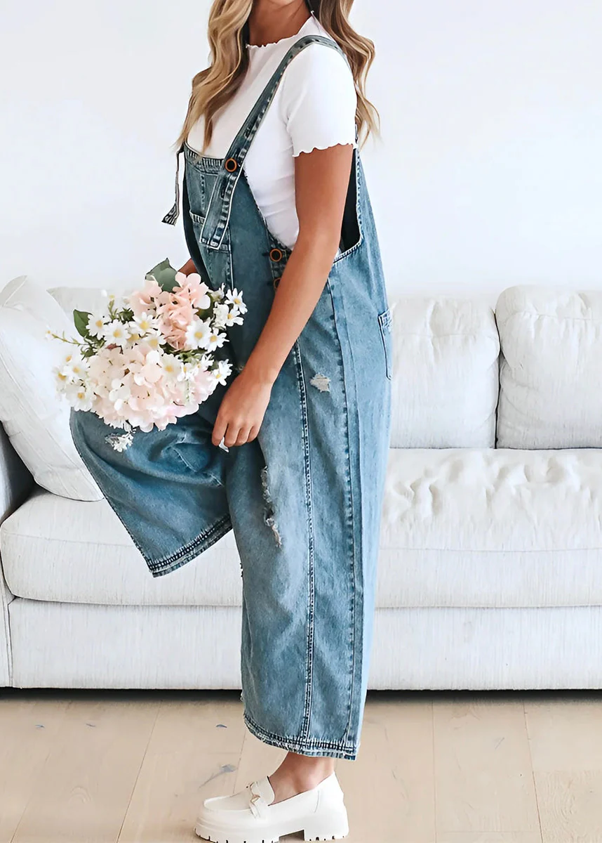 Ceylan Women¡¯s Distressed Denim Overalls with Loose Fit Wide Leg - Image 7