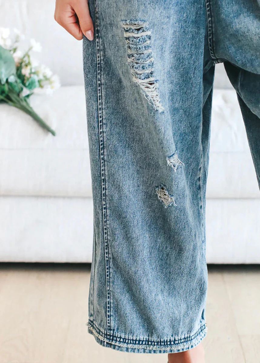 Ceylan Women¡¯s Distressed Denim Overalls with Loose Fit Wide Leg - Image 8