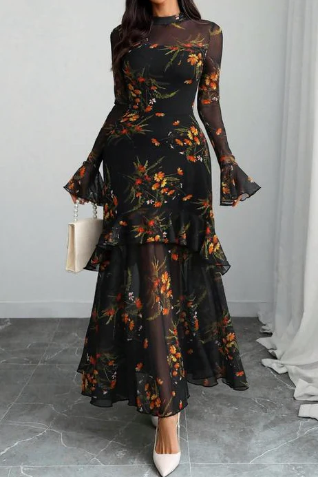 Ceylan Women’s Floral Maxi Dress Tiered Ruffle Mesh Overlay - Image 2
