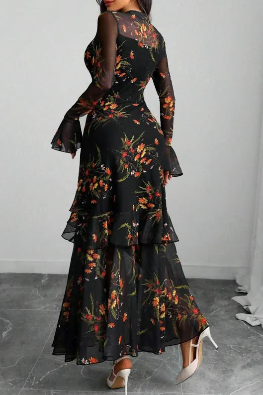 Ceylan Women’s Floral Maxi Dress Tiered Ruffle Mesh Overlay - Image 3