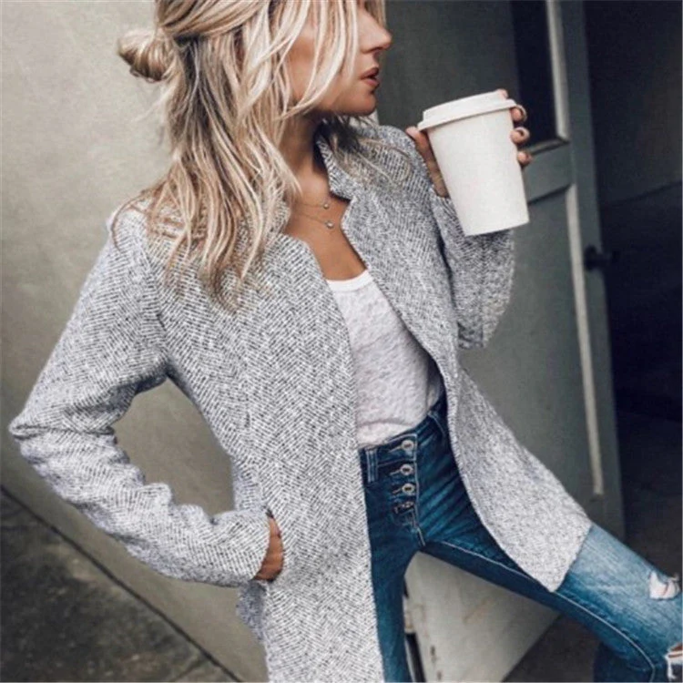 Ceylan Women's Herringbone Textured Blazer Collarless Open Front Coat - Image 3