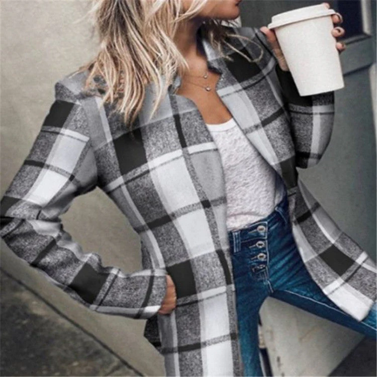Ceylan Women's Herringbone Textured Blazer Collarless Open Front Coat - Image 7