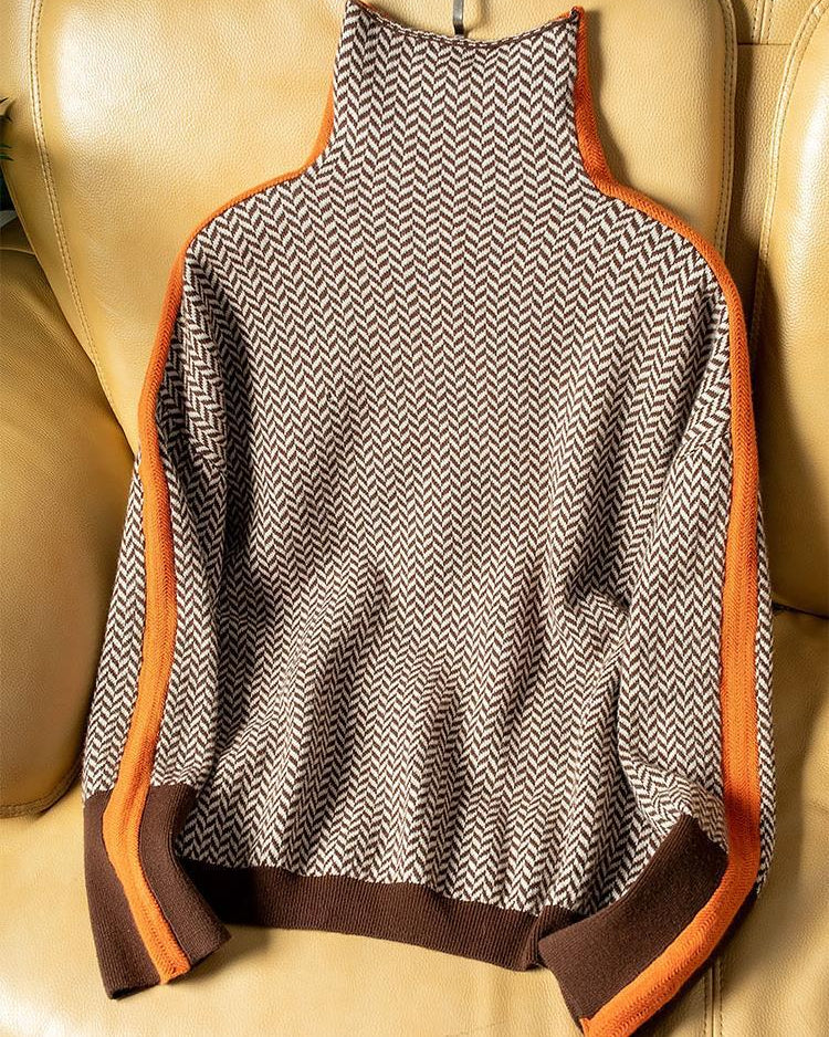 Ceylan Women¡¯s Herringbone Turtleneck Sweater Contrast Stripe - Image 2