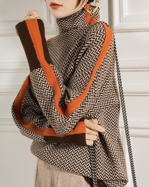 Ceylan Women¡¯s Herringbone Turtleneck Sweater Contrast Stripe - Image 5