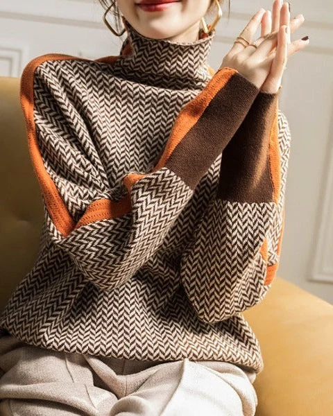 Ceylan Women¡¯s Herringbone Turtleneck Sweater Contrast Stripe - Image 6