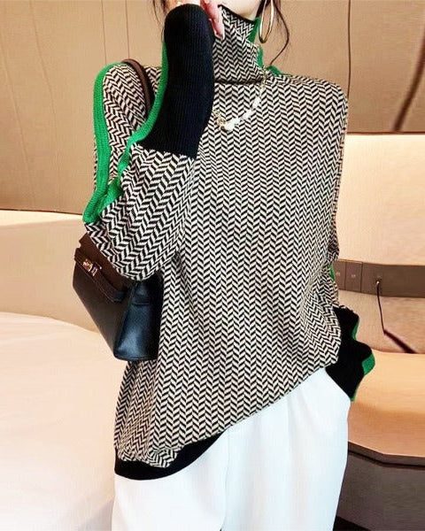Ceylan Women¡¯s Herringbone Turtleneck Sweater Contrast Stripe - Image 7