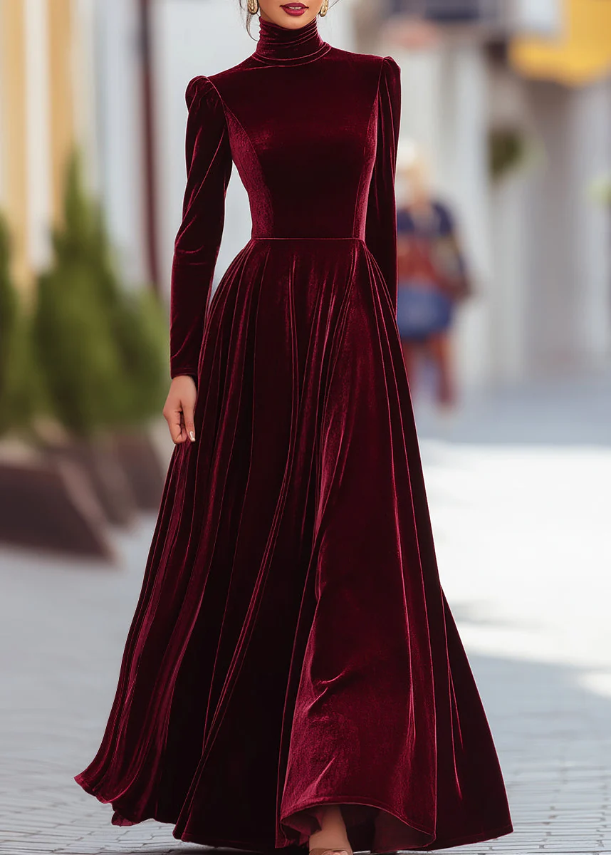 Ceylan Women¡¯s High Neck Velvet Maxi Dress with Structured Shoulders - Image 2