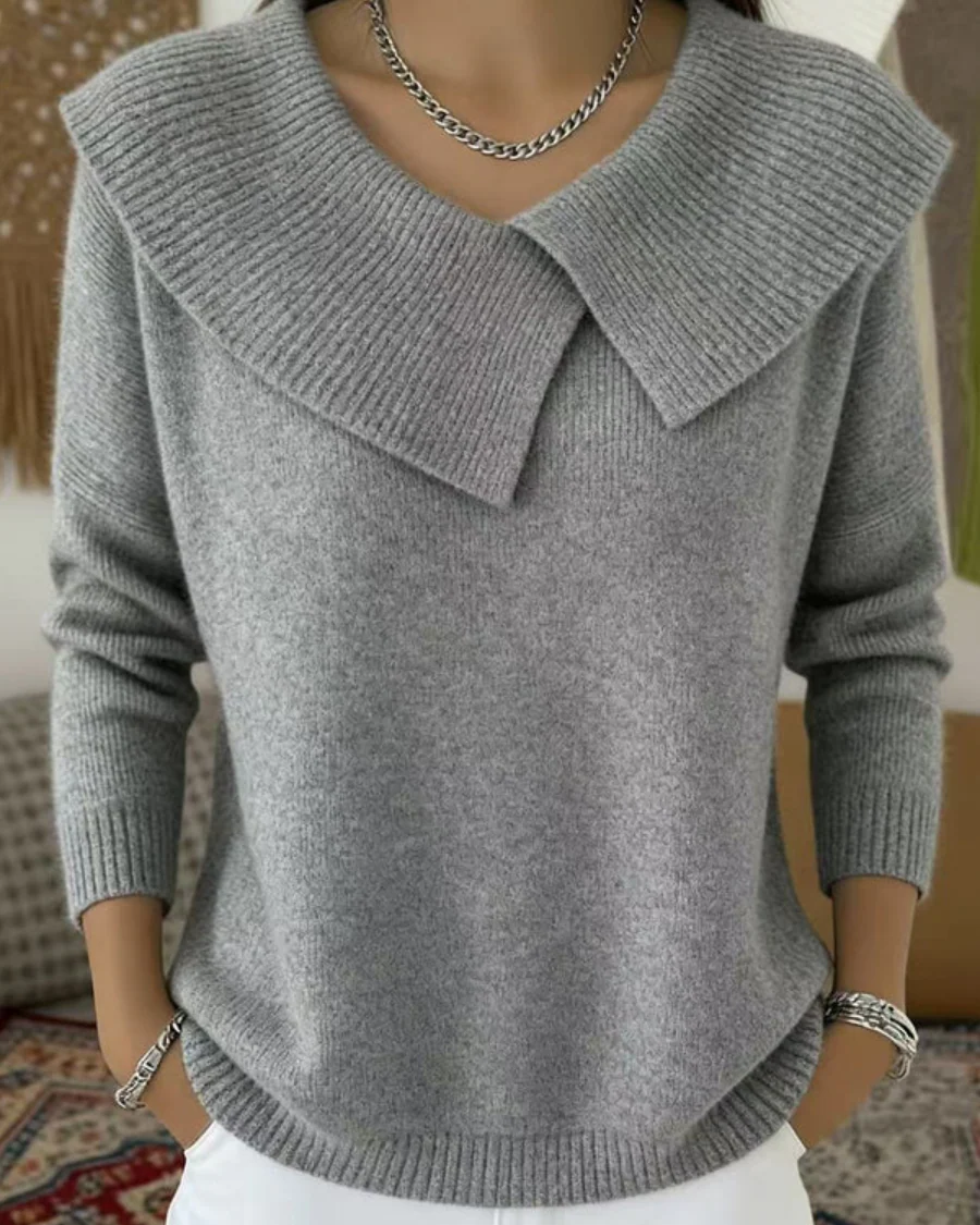 Ceylan Women¡¯s Knit Sweater Wide Folded Collar Relaxed Fit - Image 5