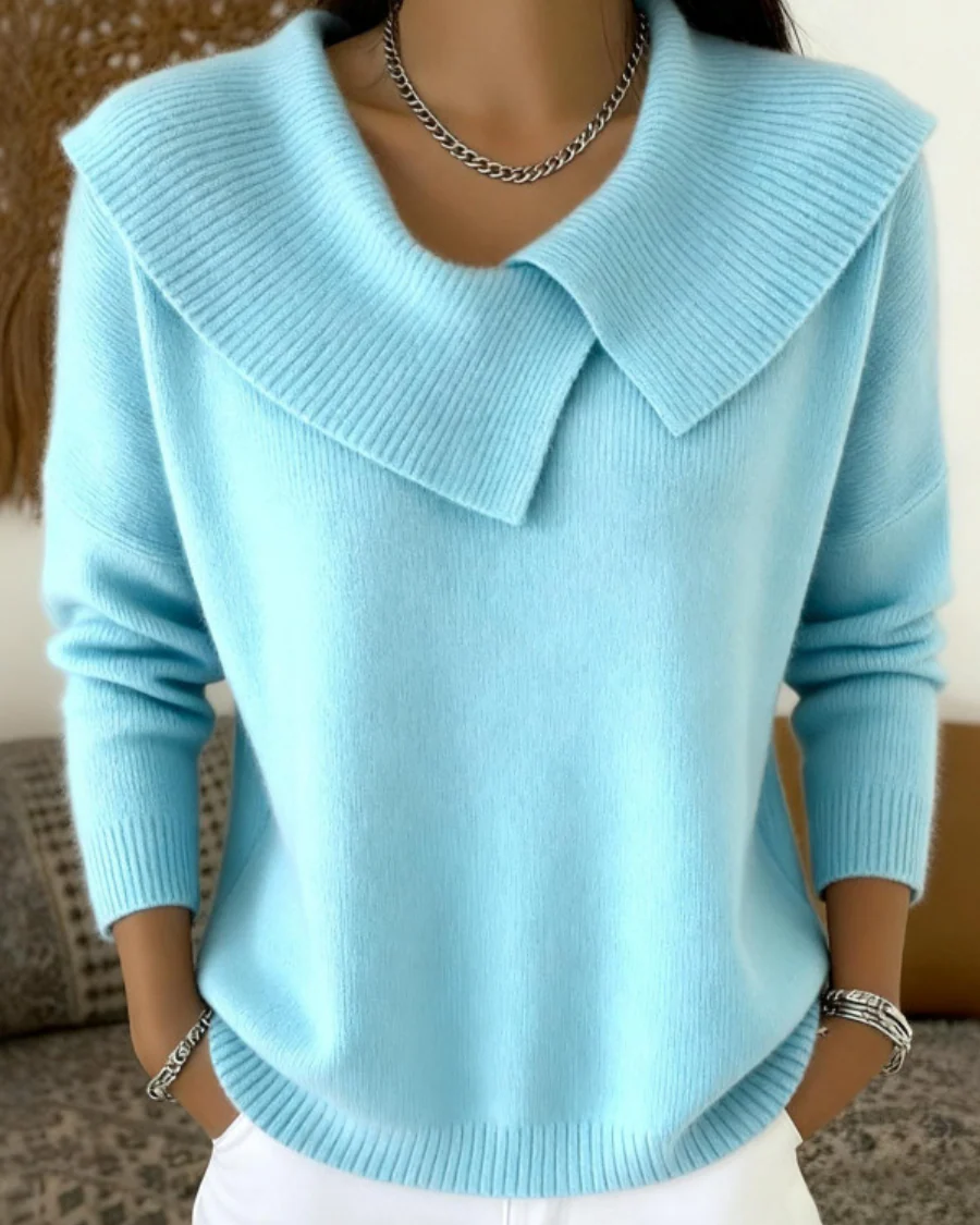 Ceylan Women¡¯s Knit Sweater Wide Folded Collar Relaxed Fit - Image 7