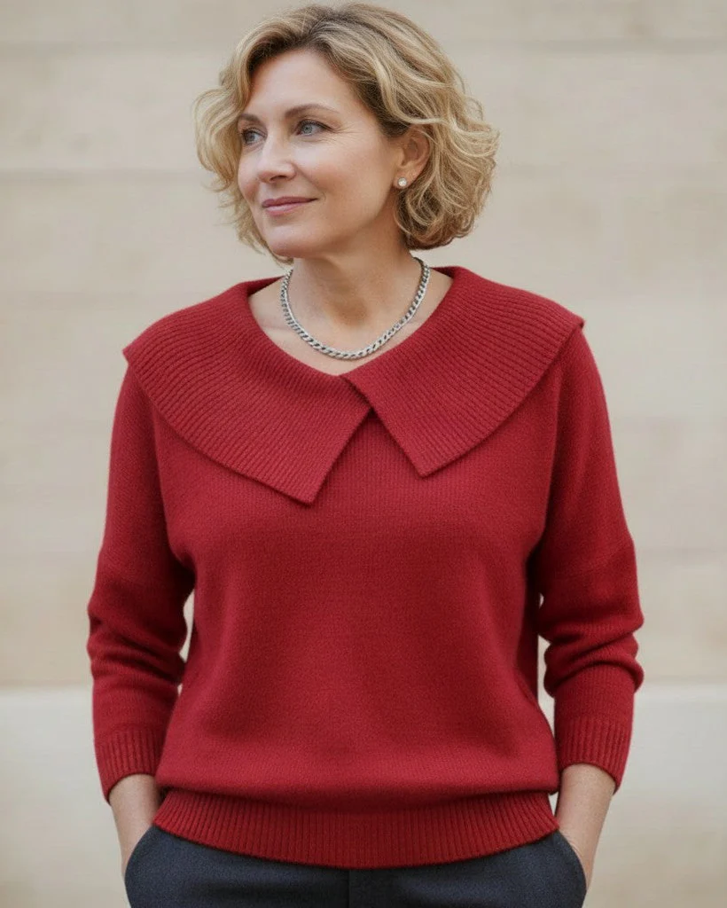 Ceylan Women¡¯s Knit Sweater Wide Folded Collar Relaxed Fit - Image 9