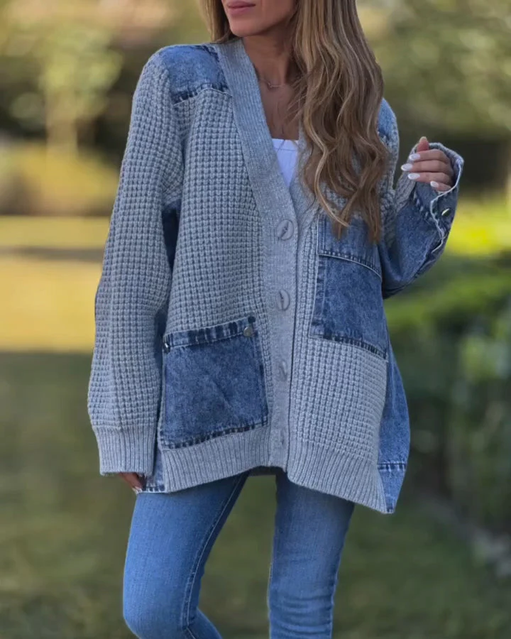 Ceylan Women¡¯s Knitted Cardigan with Denim Patchwork Detail - Image 3