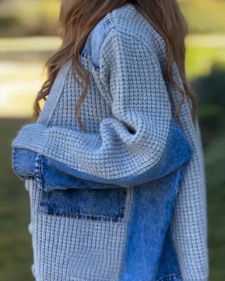 Ceylan Women¡¯s Knitted Cardigan with Denim Patchwork Detail - Image 4