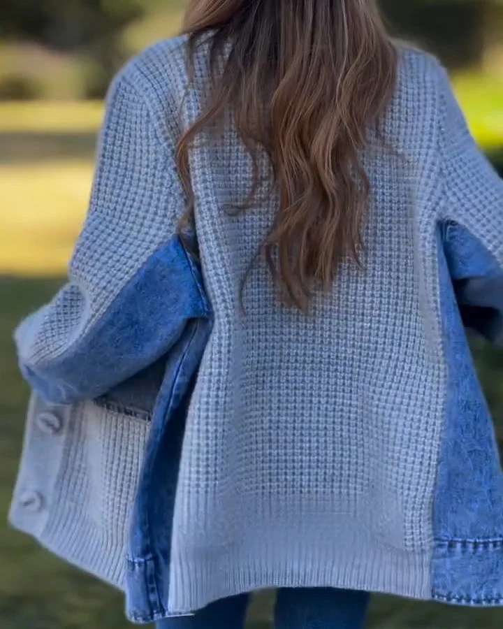 Ceylan Women¡¯s Knitted Cardigan with Denim Patchwork Detail - Image 5