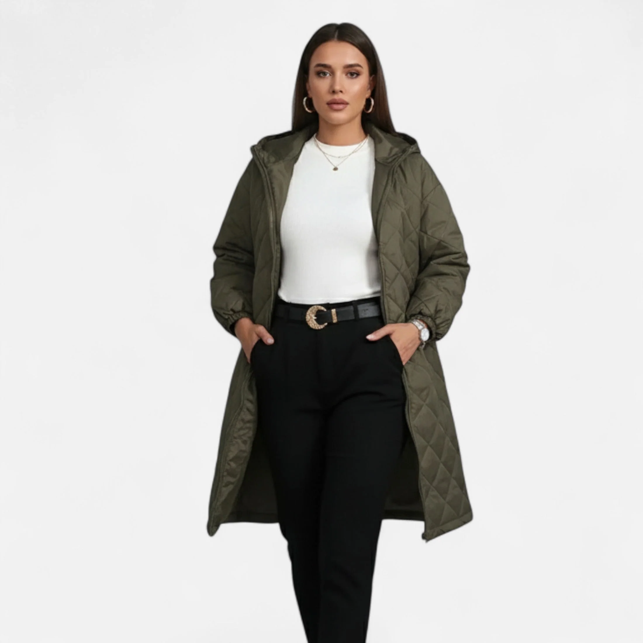 Ceylan Women’s Long Quilted Coat with Hood - Image 14