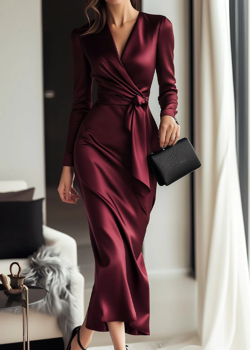 Ceylan Women’s Long Sleeve Satin Wrap Dress with Waist Tie Detail - Image 2