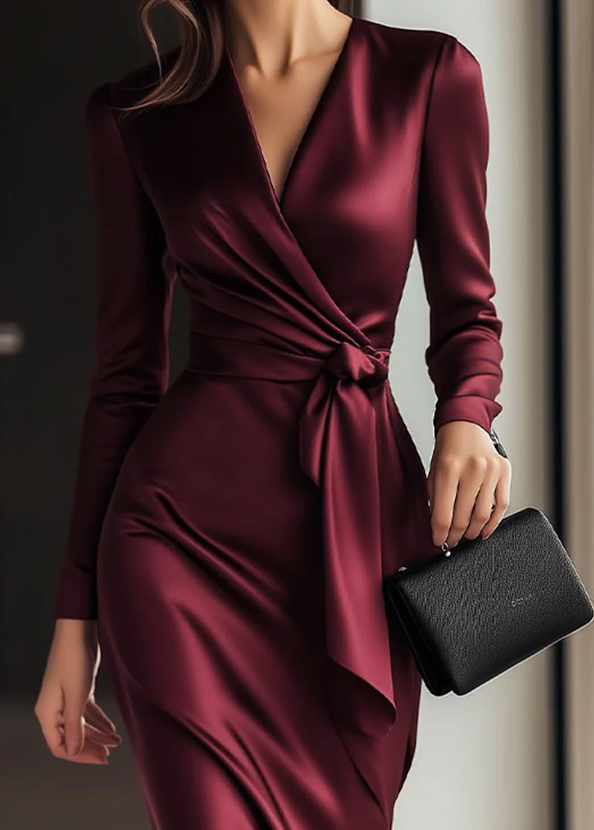 Ceylan Women’s Long Sleeve Satin Wrap Dress with Waist Tie Detail - Image 3