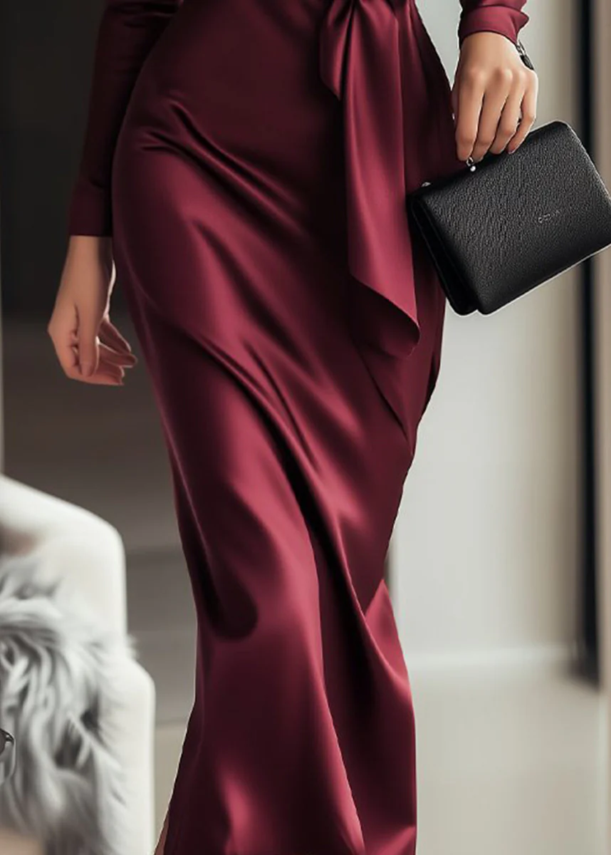 Ceylan Women’s Long Sleeve Satin Wrap Dress with Waist Tie Detail - Image 4