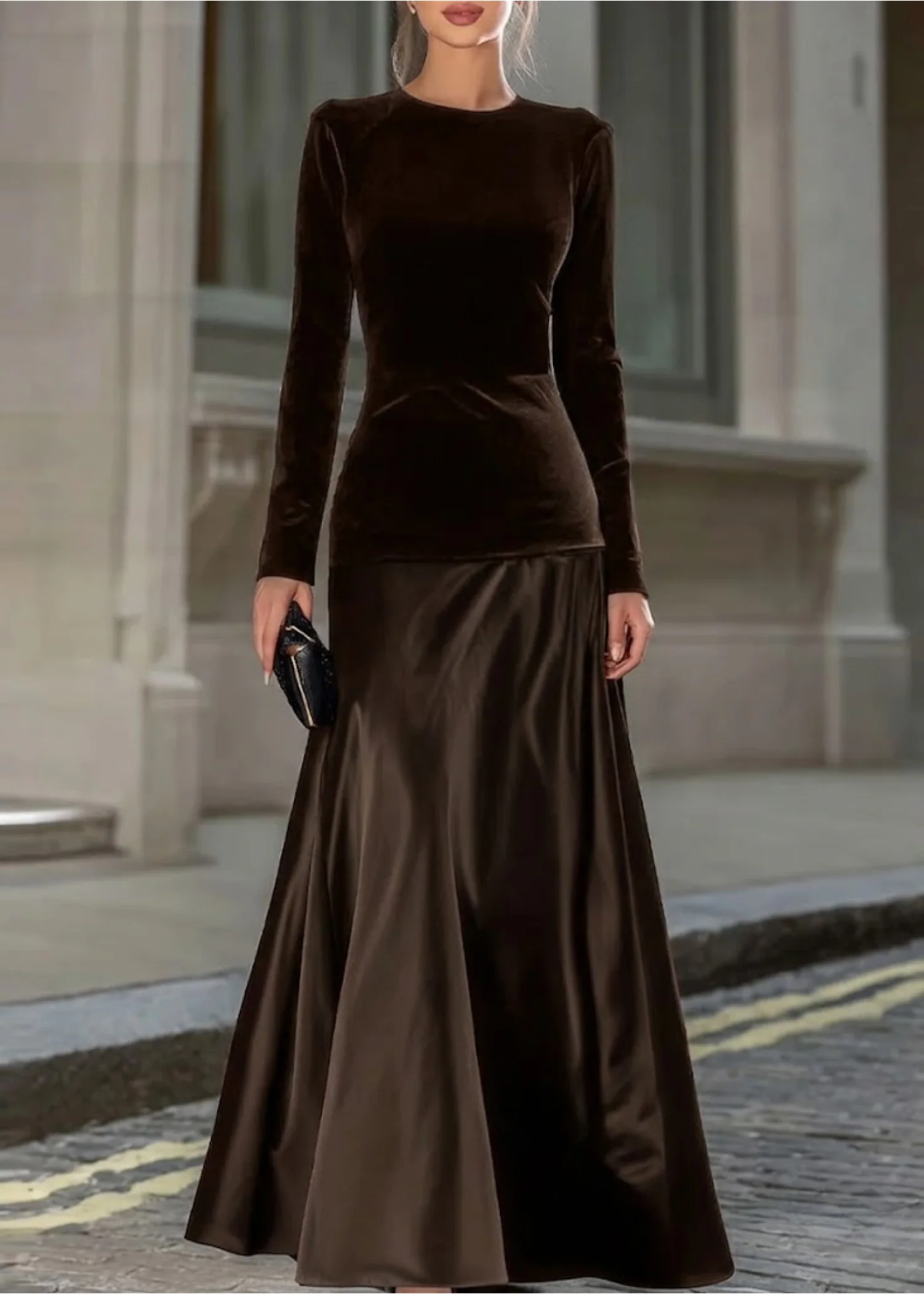 Ceylan Women’s Long Sleeve Velvet and Satin A-Line Evening Gown - Image 2