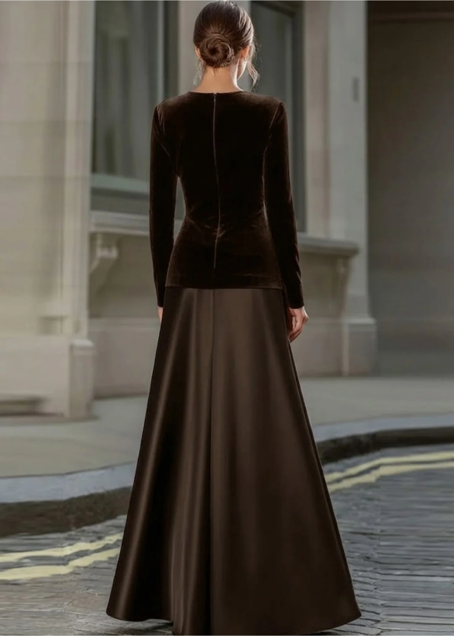 Ceylan Women’s Long Sleeve Velvet and Satin A-Line Evening Gown - Image 3