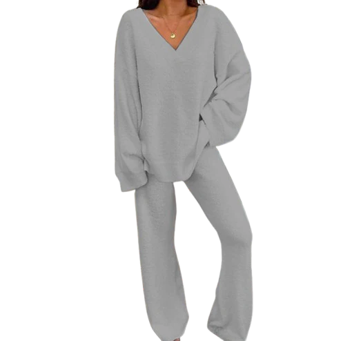 Ceylan Women’s Loungewear Set Ribbed V-Neck Top and Wide Leg Pants - Image 3
