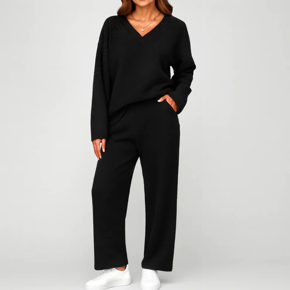 Ceylan Women’s Loungewear Set Ribbed V-Neck Top and Wide Leg Pants - Image 4