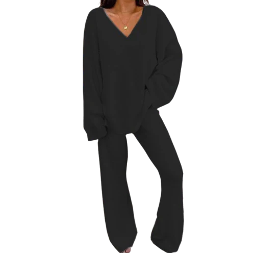 Ceylan Women’s Loungewear Set Ribbed V-Neck Top and Wide Leg Pants - Image 5