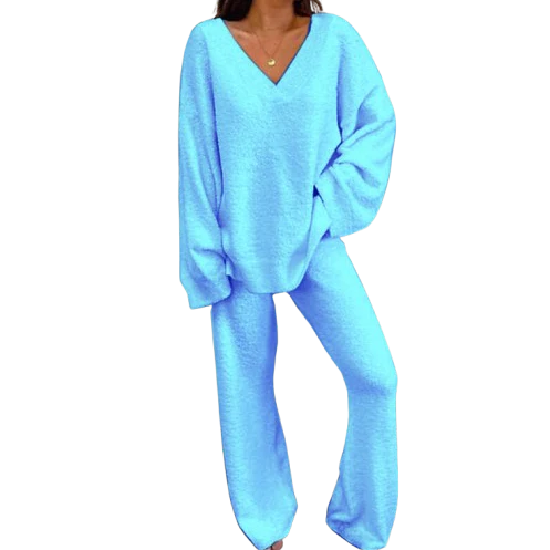Ceylan Women’s Loungewear Set Ribbed V-Neck Top and Wide Leg Pants - Image 6