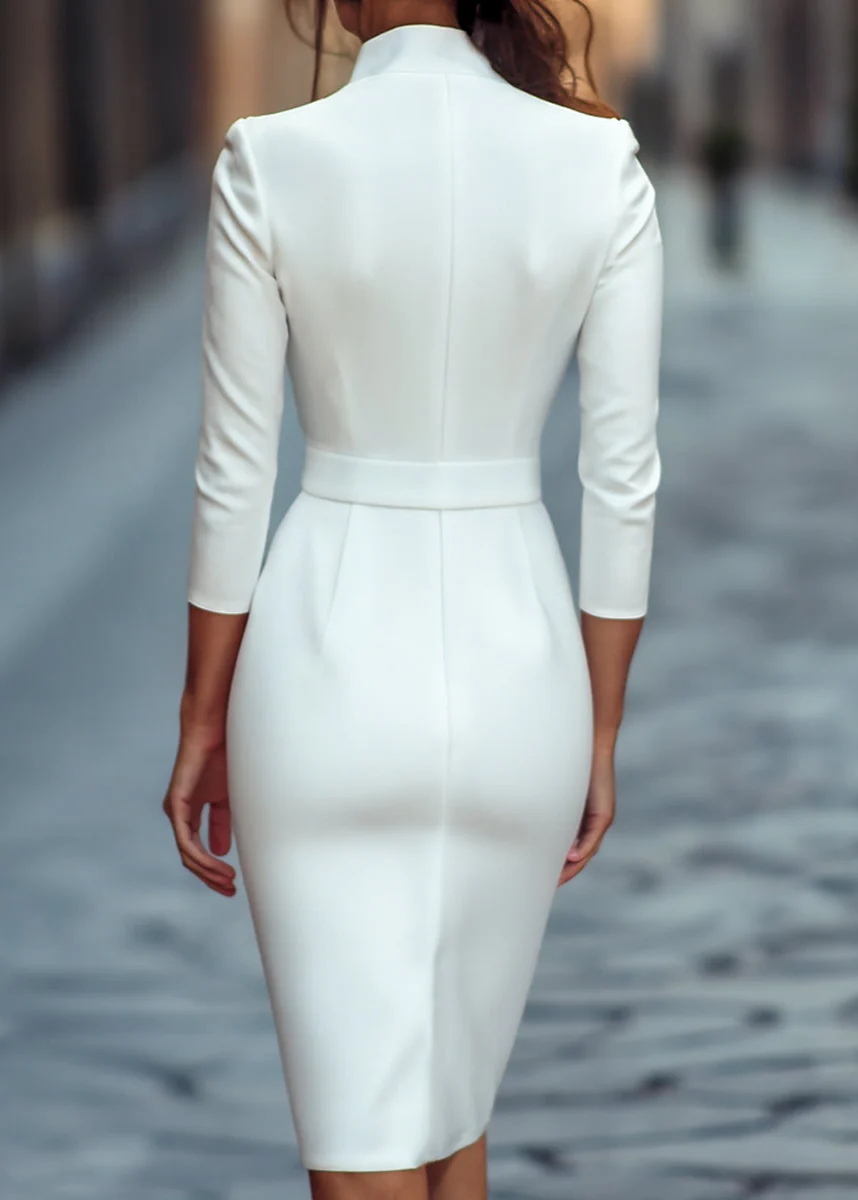 Ceylan Women’s Mandarin Collar Sheath Dress with Gold Buckle Belt - Image 12