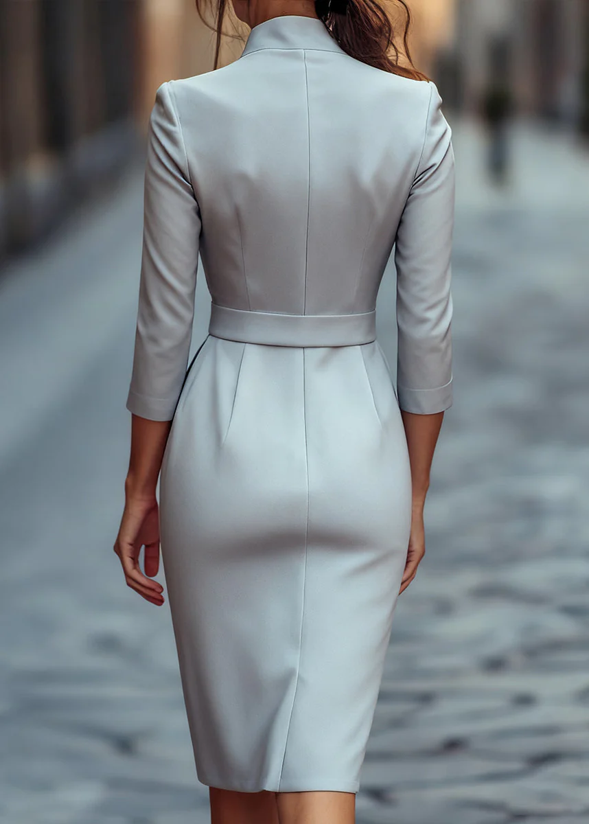 Ceylan Women’s Mandarin Collar Sheath Dress with Gold Buckle Belt - Image 13