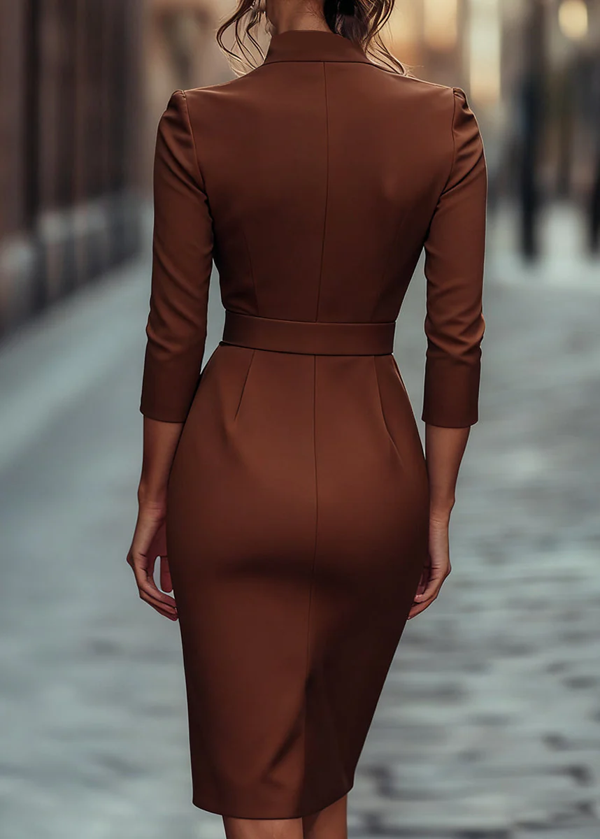 Ceylan Women’s Mandarin Collar Sheath Dress with Gold Buckle Belt - Image 15