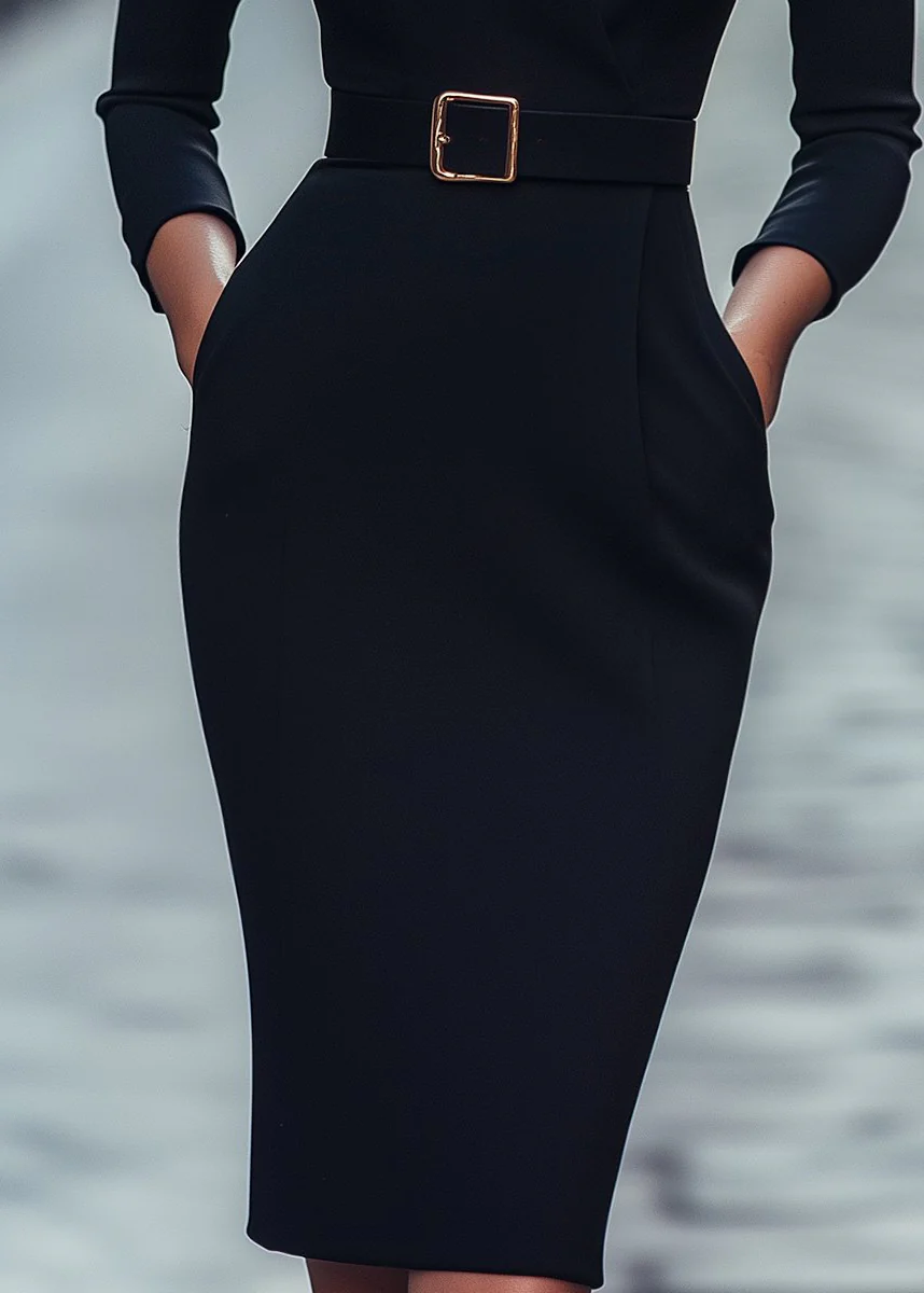 Ceylan Women’s Mandarin Collar Sheath Dress with Gold Buckle Belt - Image 3