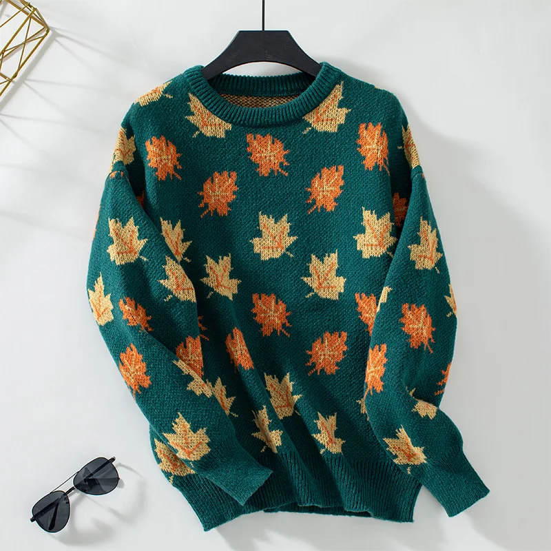 Ceylan Women’s Oversized Knit Sweater Maple Leaf Graphic - Image 2