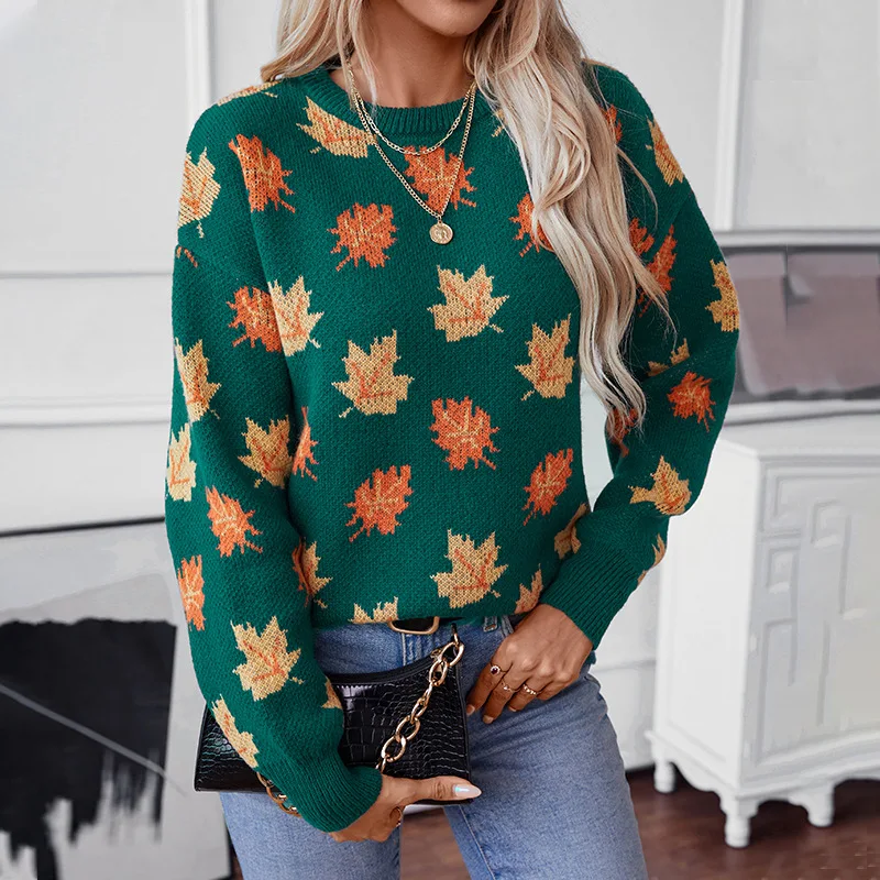 Ceylan Women’s Oversized Knit Sweater Maple Leaf Graphic - Image 4