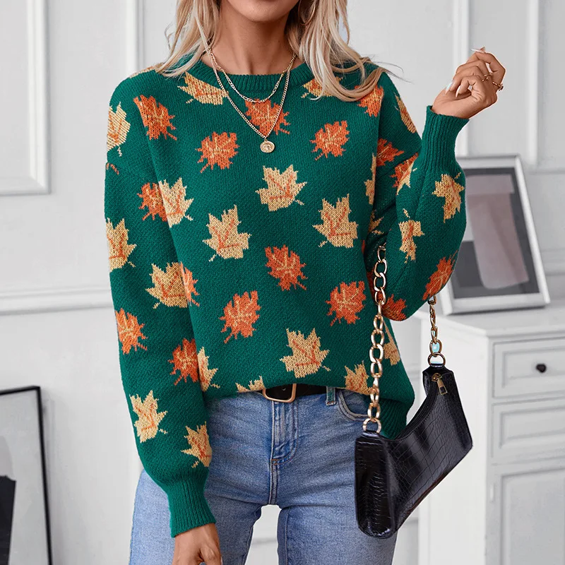 Ceylan Women’s Oversized Knit Sweater Maple Leaf Graphic - Image 6